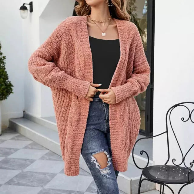 Dam Lång Kofta Cardigan med Långa Ärmars Bomull och Polyester-1