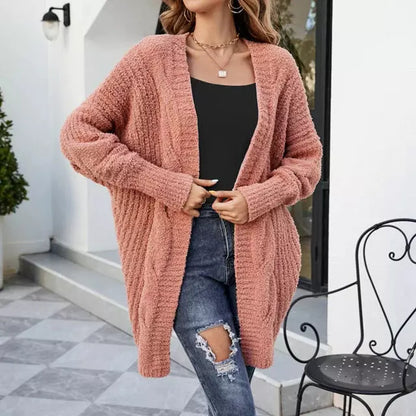 Dam Lång Kofta Cardigan med Långa Ärmars Bomull och Polyester-1