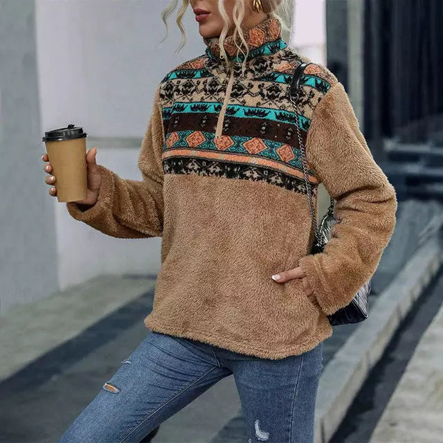 Dam Tröja Geometriskt Tryck Bomull och Kashmir med Vänd Krage-3