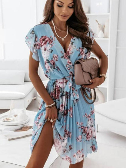 Kvinna Miniklänning Ruffle Blommig Polyester-2