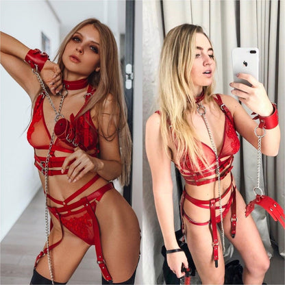 Dam Kroppssele Syntetiskt Läder med Choker och Handbojor-4