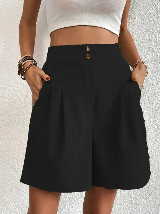 Kvinnors Högmidjade Shorts Sluttande Fickor Polyester-1