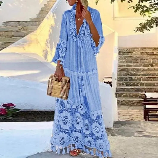 Kvinna Lång Klänning Boho Stil med Spets och Tofsar Luftiga Tyger-1