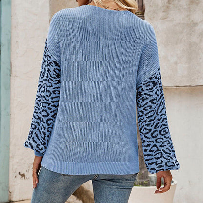 Dam Stickad Tröja V-hals Leopard-Patchwork Bomull Akryl-4