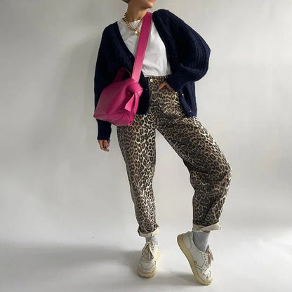 Variant image for Kvinnors Baggy Jeans Hög Midja Mjuk Denim Leopardmönster-5
