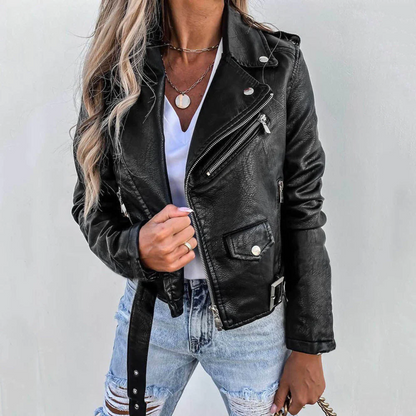Dam Läderjacka Slim Fit Lång Ärme-4