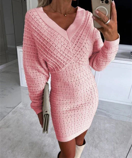 Kvinnors Klänning V-ringning Lång Ärmar Mjuk Stickad 10