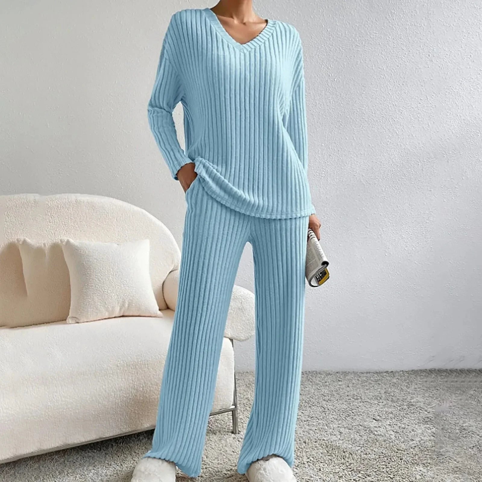 Variant image for Dam Loungewear Set Ribbad Stickad Mjuk Kvalitet-26