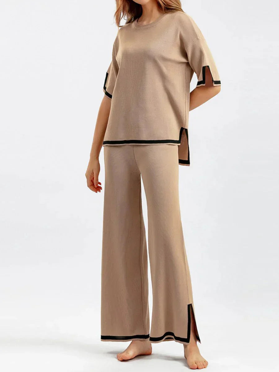 Dam Set Kort Ärmskjorta Vida Byxor Stretchmaterial-5