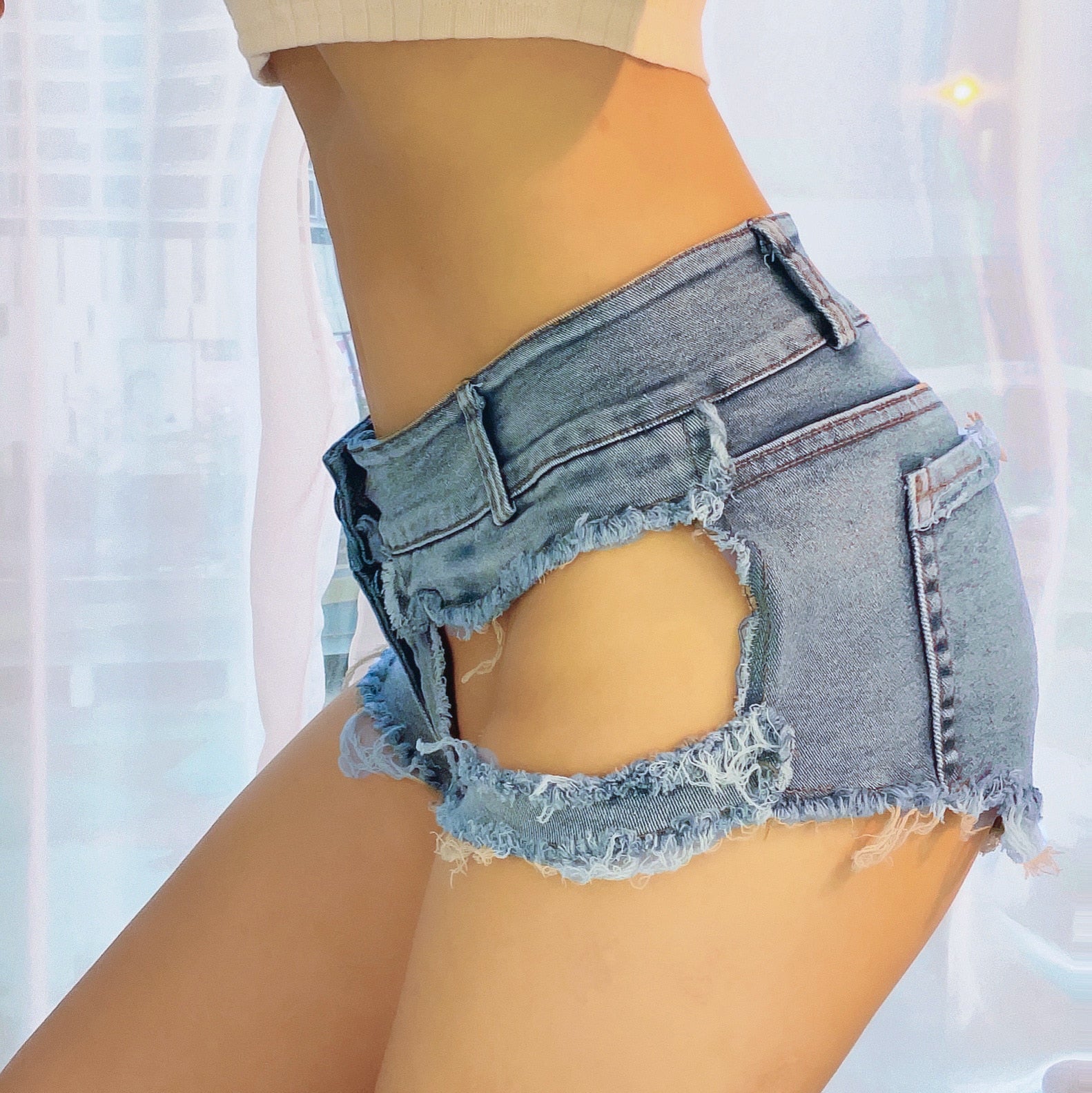 Kvinnors Denim Shorts Låg Midja Tight Passform-3