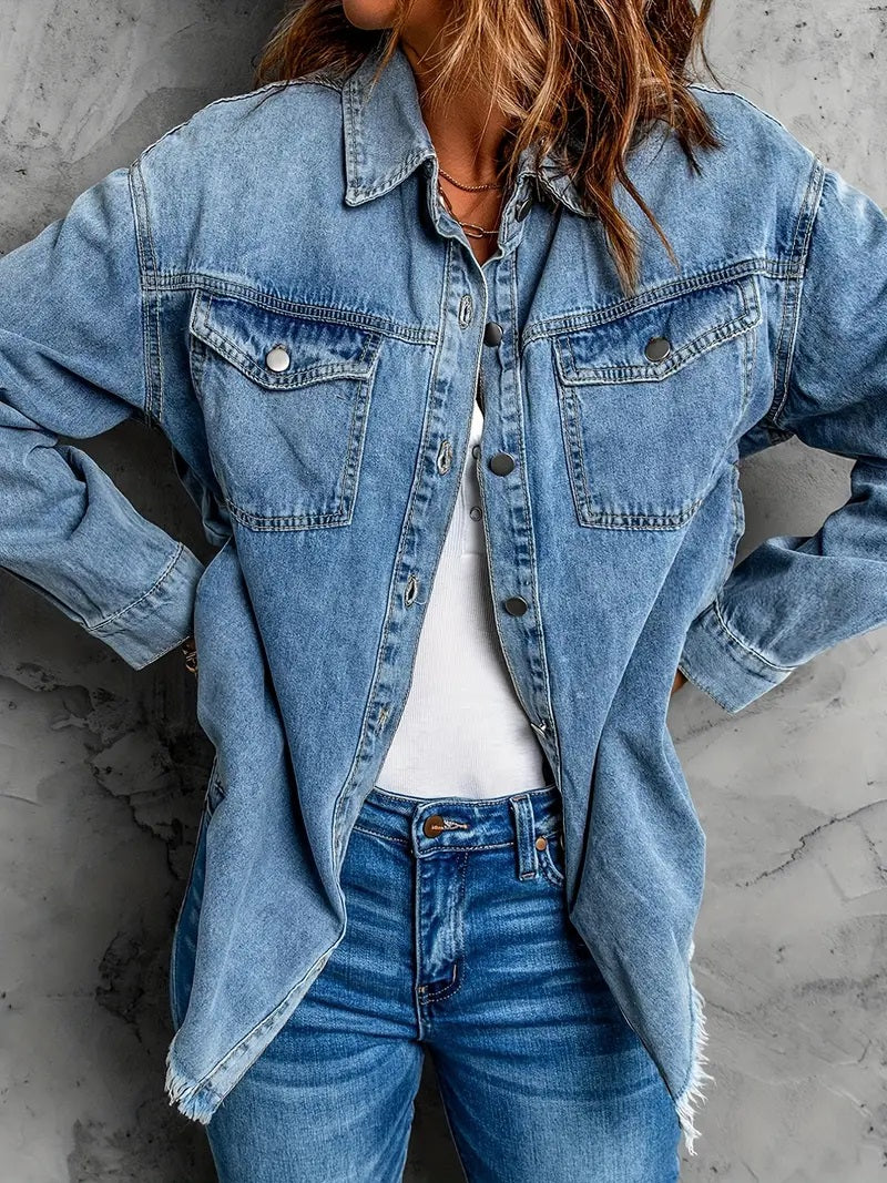 Kvinnor Denimjacka Retro Avslappnad Bomull Viskos Polyester 1