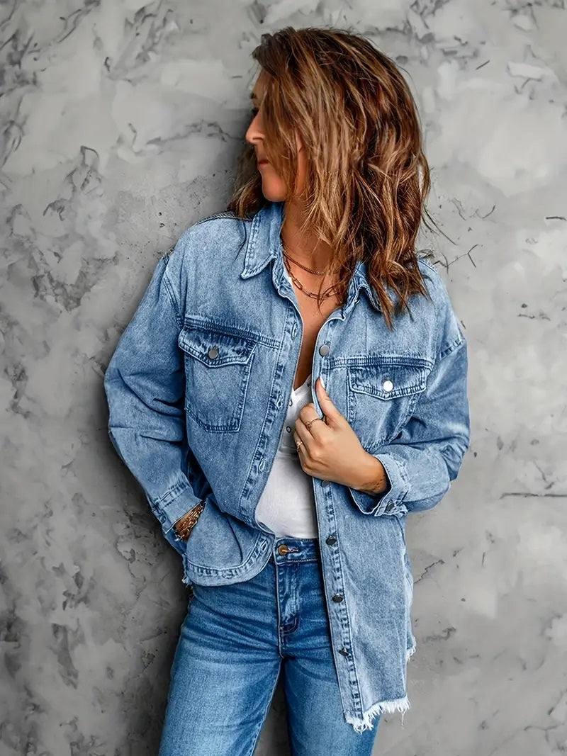Kvinnor Denimjacka Retro Avslappnad Bomull Viskos Polyester 4