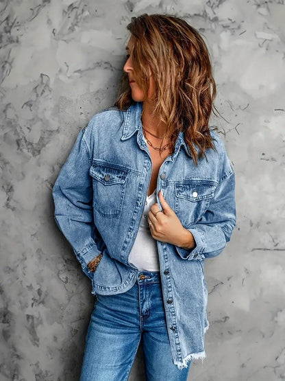 Kvinnor Denimjacka Retro Avslappnad Bomull Viskos Polyester 4