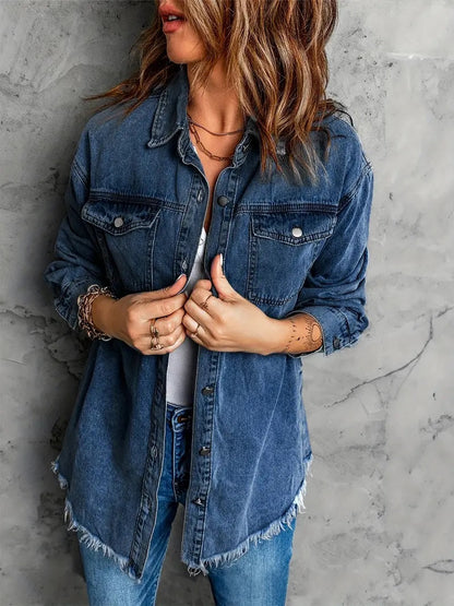 Kvinnor Denimjacka Retro Avslappnad Bomull Viskos Polyester 3