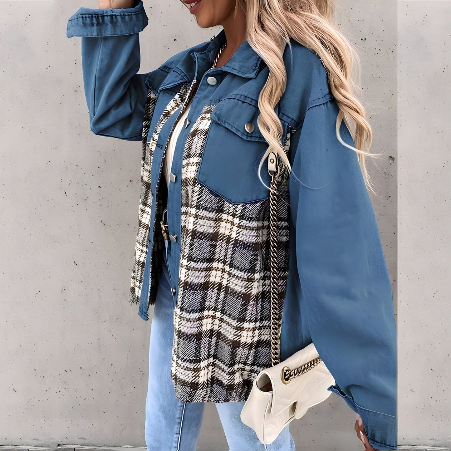 Kvinnojacka Rutig Denim Långärmad Trendig Avslappnad Stil 4