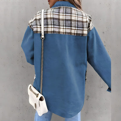 Kvinnojacka Rutig Denim Långärmad Trendig Avslappnad Stil 5
