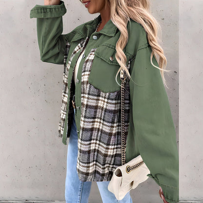 Kvinnojacka Rutig Denim Långärmad Trendig Avslappnad Stil 6