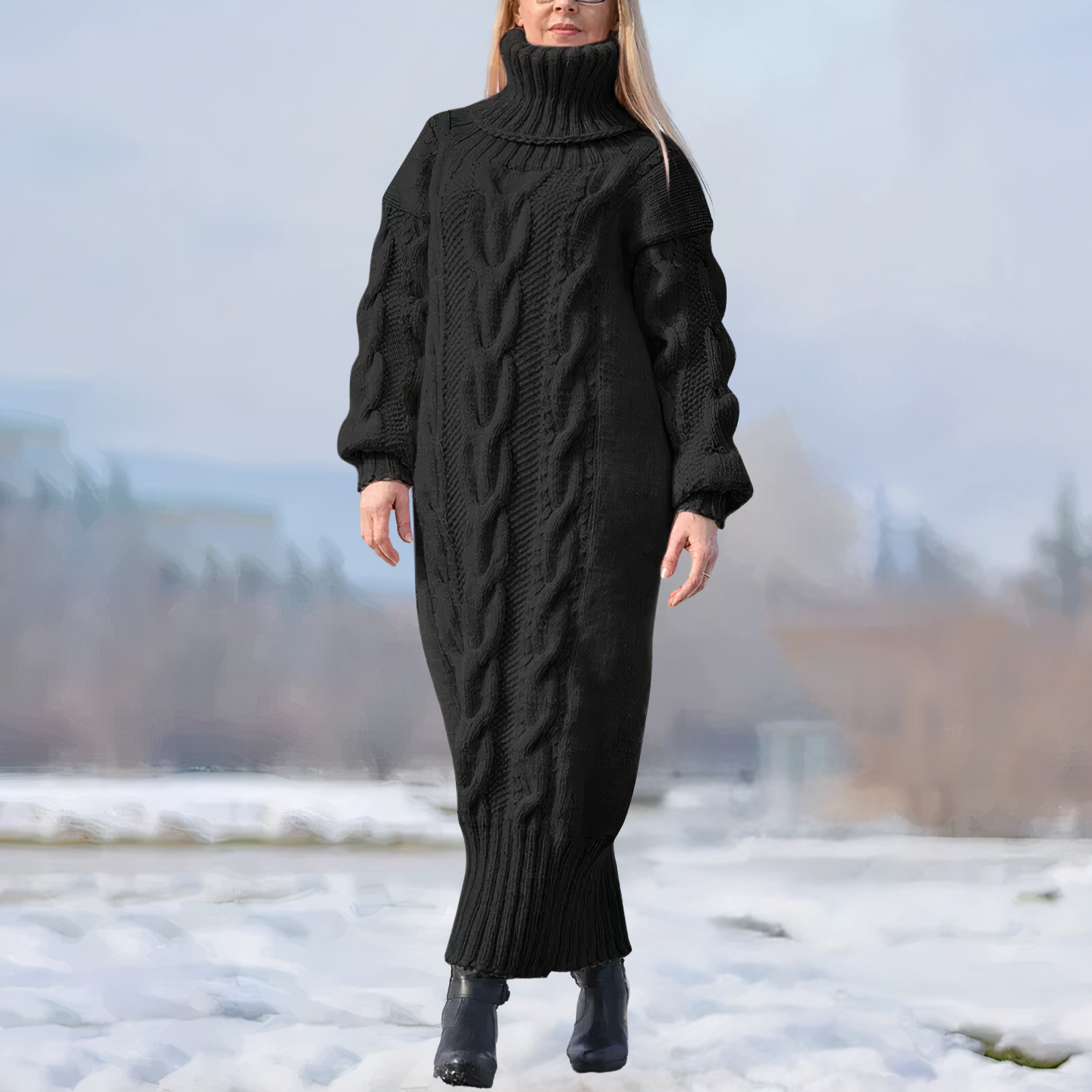 Variant image for Maxi Klänning Dam Hög Krage Kabelstruktur Mjuk Textil-9