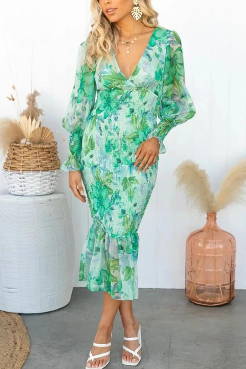 Dam Midiklänning Blommönster Bomull Långa Puffärmar V-ringning 5