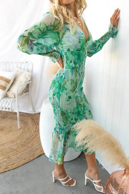 Dam Midiklänning Blommönster Bomull Långa Puffärmar V-ringning 6