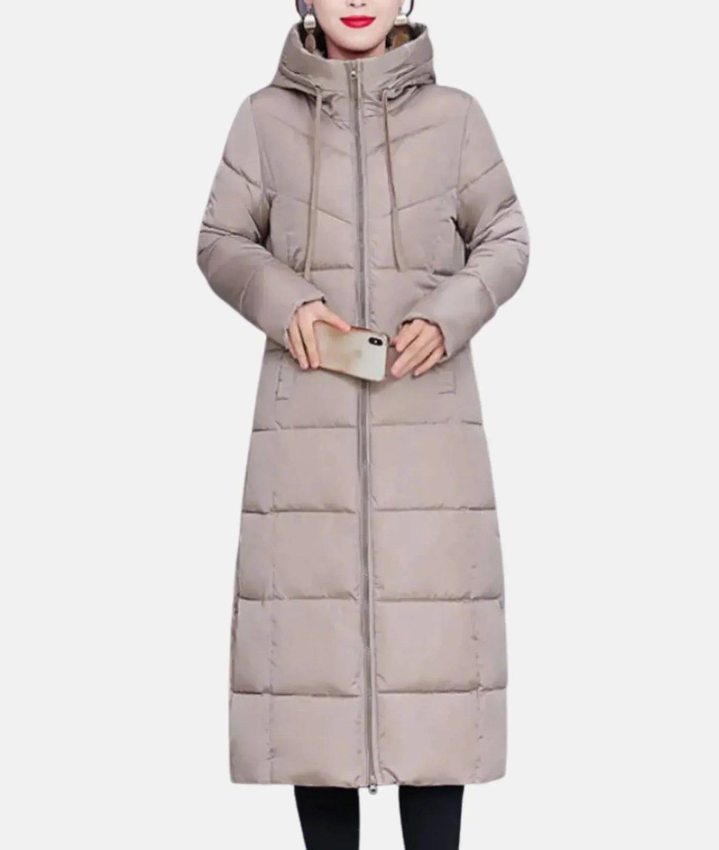 Lång Vinterjacka Dam Med Huva Bomull Polyester-3