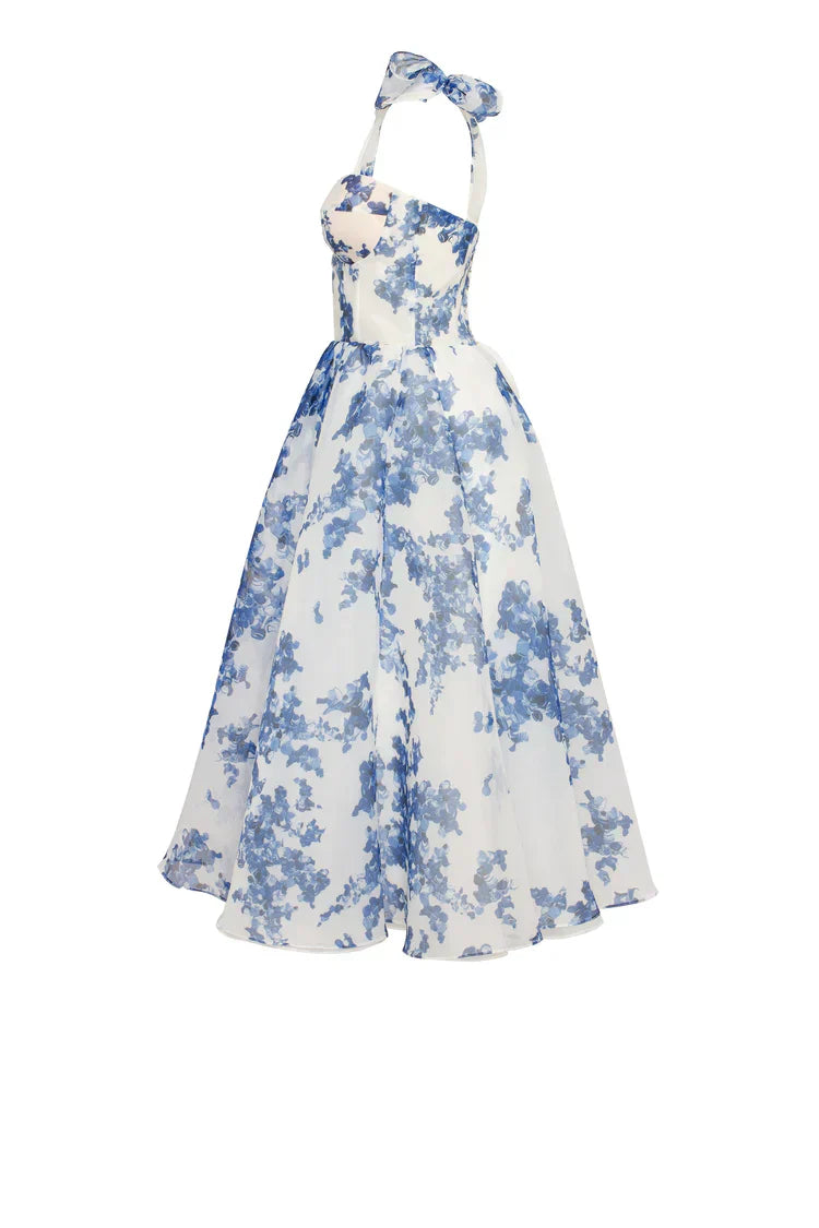 Dam Midi Klänning Organza med Hortensiamönster Lätt och Luftig Elegant Stil-6