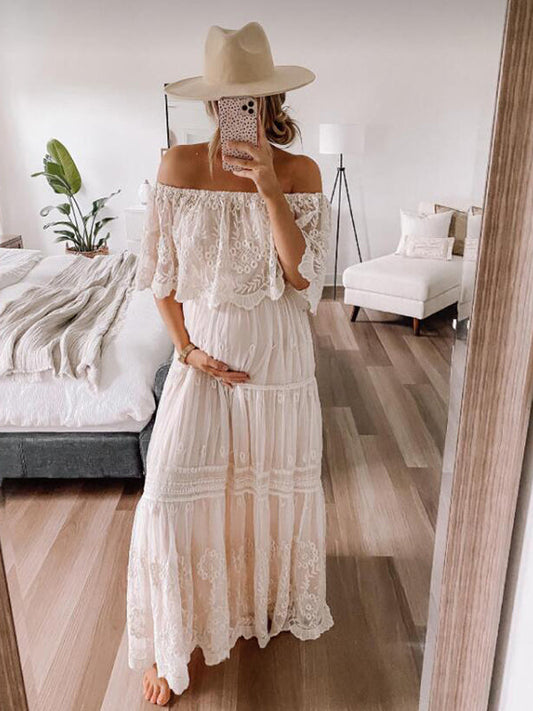 Gravid Klänning Axelfri Bohemisk Maxi Spets Polyester-1