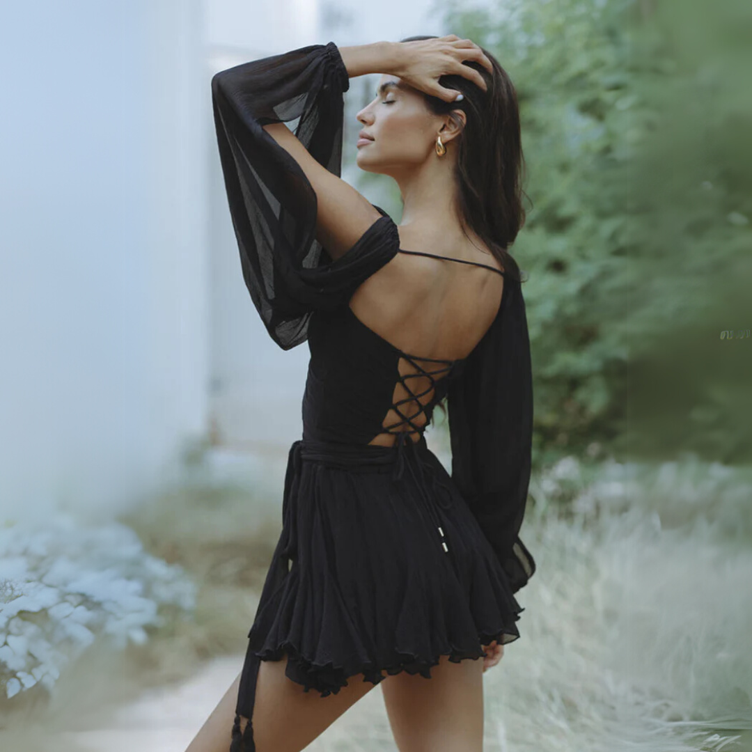 Kvinnors Svart Miniklänning Draperad Chiffong-2