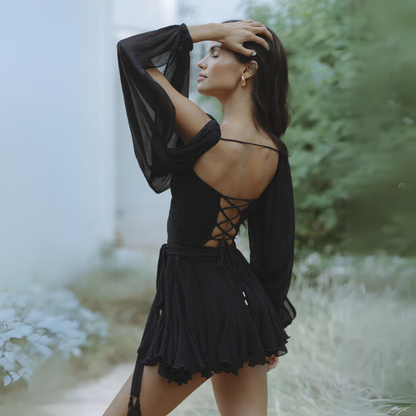 Kvinnors Svart Miniklänning Draperad Chiffong-2