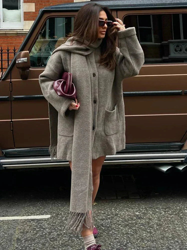 Kvinnors Medellång Kappa med Överdimensionerad Halsduk Mjuk Stickad Kvalitet-4