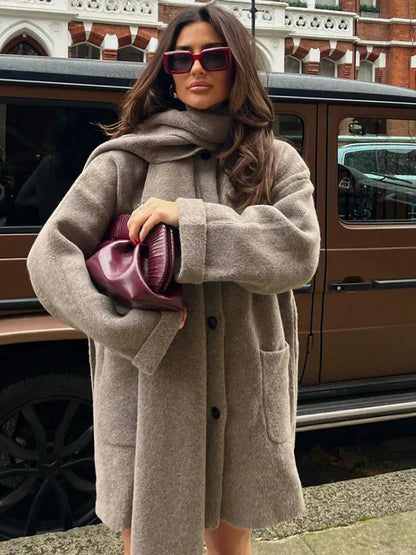 Kvinnors Medellång Kappa med Överdimensionerad Halsduk Mjuk Stickad Kvalitet-1