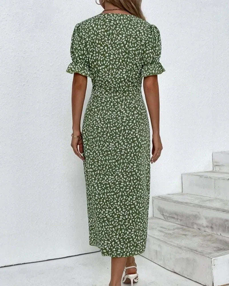 Kvinna Klänning V-hals Puffärmar Hållbart Material-3