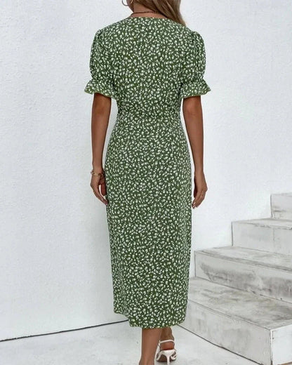 Kvinna Klänning V-hals Puffärmar Hållbart Material-3