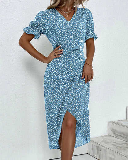 Kvinna Klänning V-hals Puffärmar Hållbart Material-5