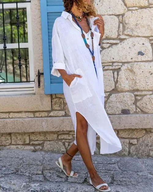 Dam Klänning Skjorta med Sidoslits Polyester och Dekorativ Väska-1