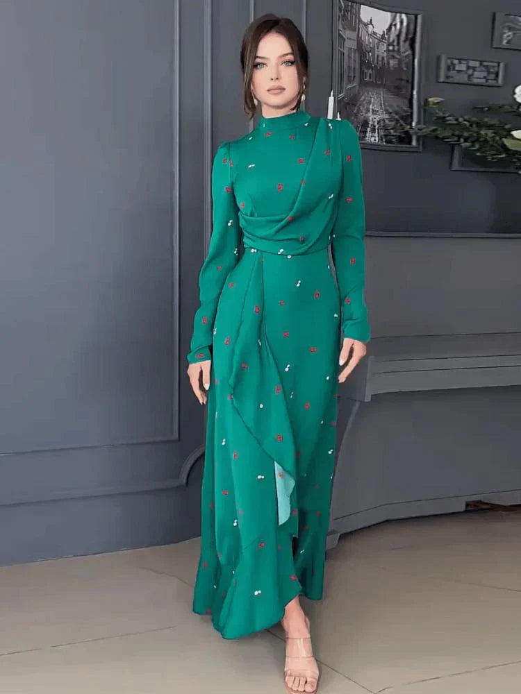 Dam Klänning Lång Satin Höghalsad Med Långa Ärmar-2