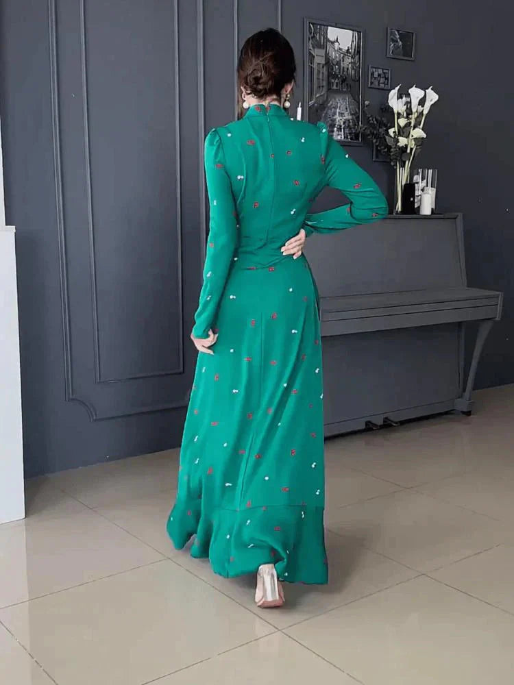 Dam Klänning Lång Satin Höghalsad Med Långa Ärmar-3