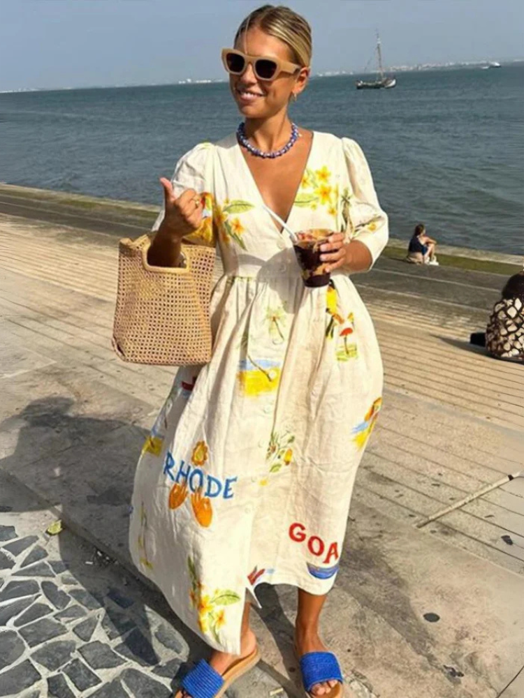 Dam Klänning Midi V-ringning Bomull Luftig Passform-2