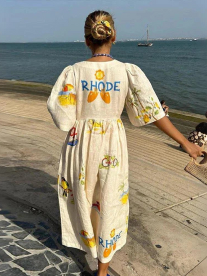 Dam Klänning Midi V-ringning Bomull Luftig Passform-3