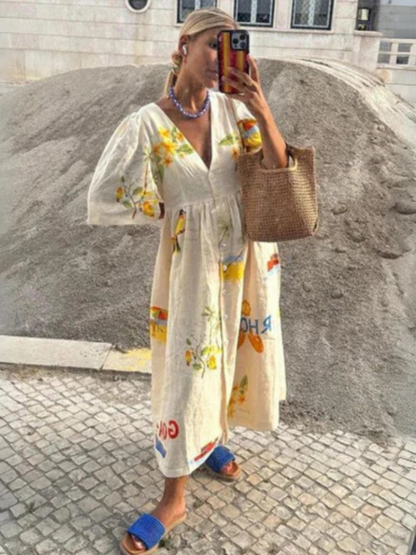 Dam Klänning Midi V-ringning Bomull Luftig Passform-4