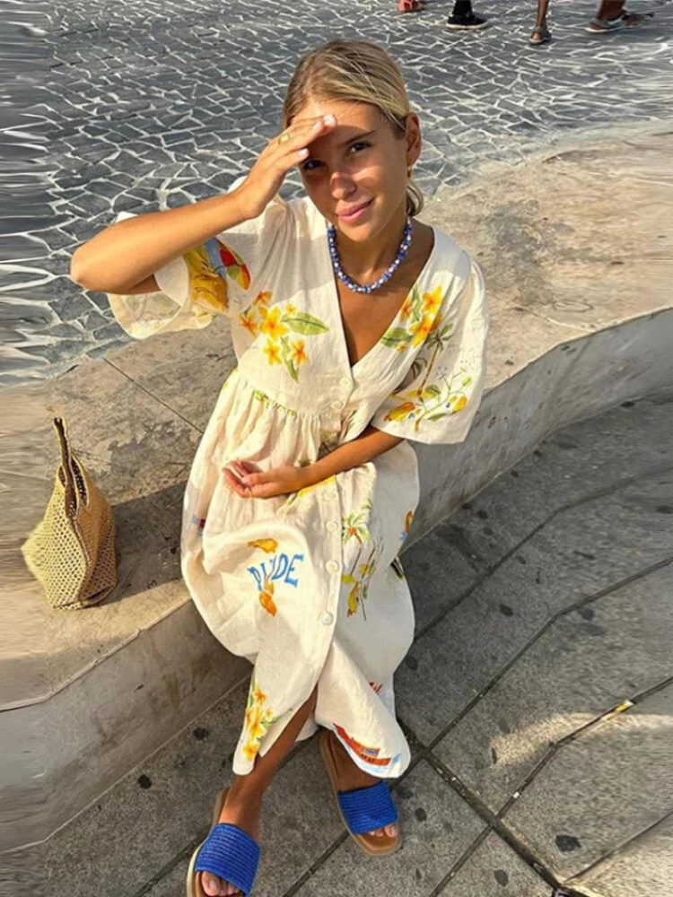 Dam Klänning Midi V-ringning Bomull Luftig Passform-5