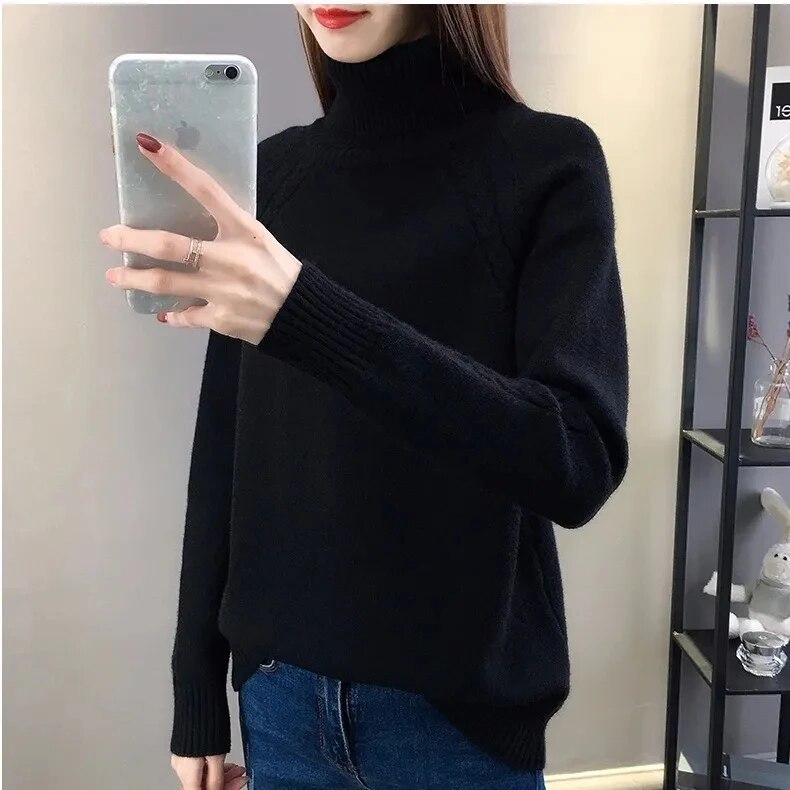 Stickad Dam Tröja Turtleneck Bomull Polyester Casual-2