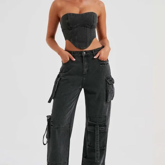 Dam Lastbyxor i Denim Avslappnad Passform med Flera Fickor-1