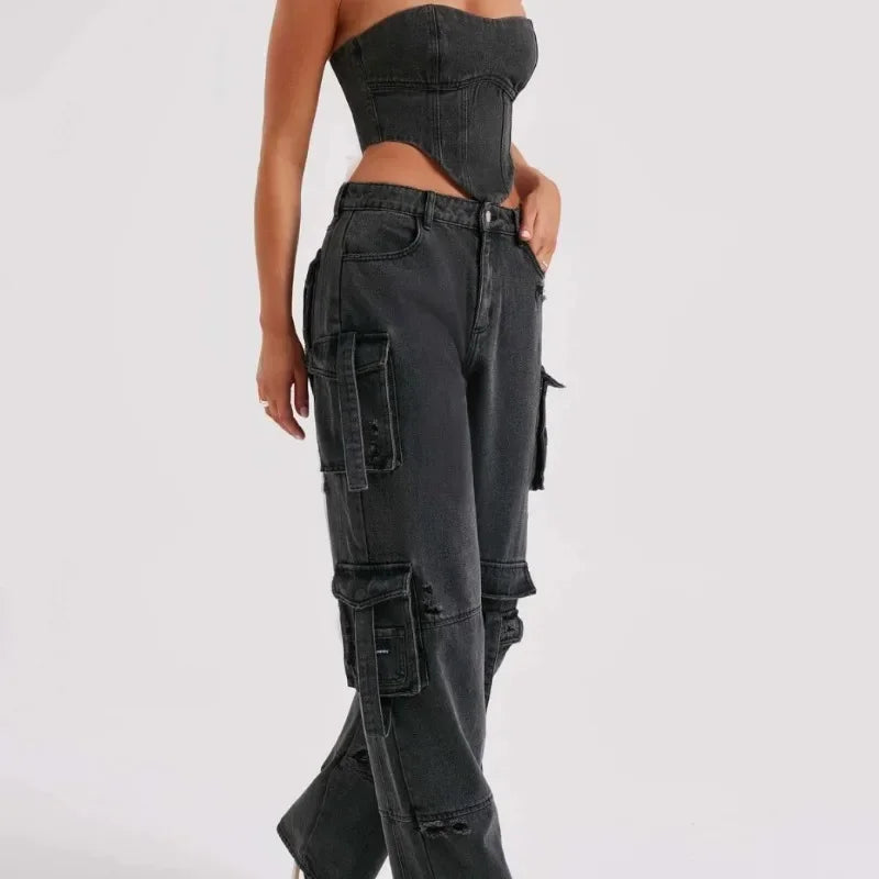 Dam Lastbyxor i Denim Avslappnad Passform med Flera Fickor-3