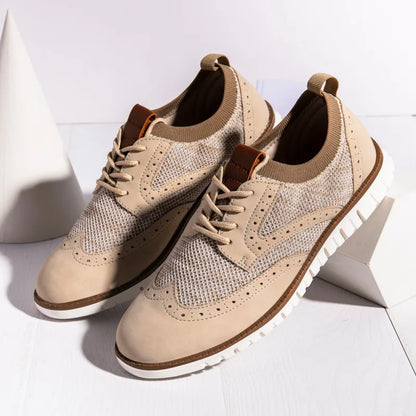 Herrskor Finskor i Beige Mesh med Brogue Detaljer – Hållbar Läder och Andningsbart Material för Elegant Stil 2