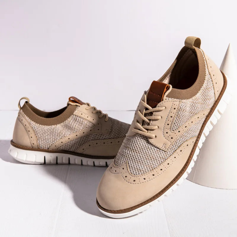 Herrskor Finskor i Beige Mesh med Brogue Detaljer – Hållbar Läder och Andningsbart Material för Elegant Stil 3