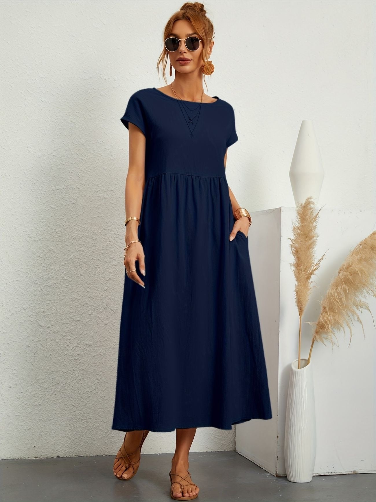 Fina Dam Klänningar Rund Halsringning Elegant 100% Mjuk Bomull 14