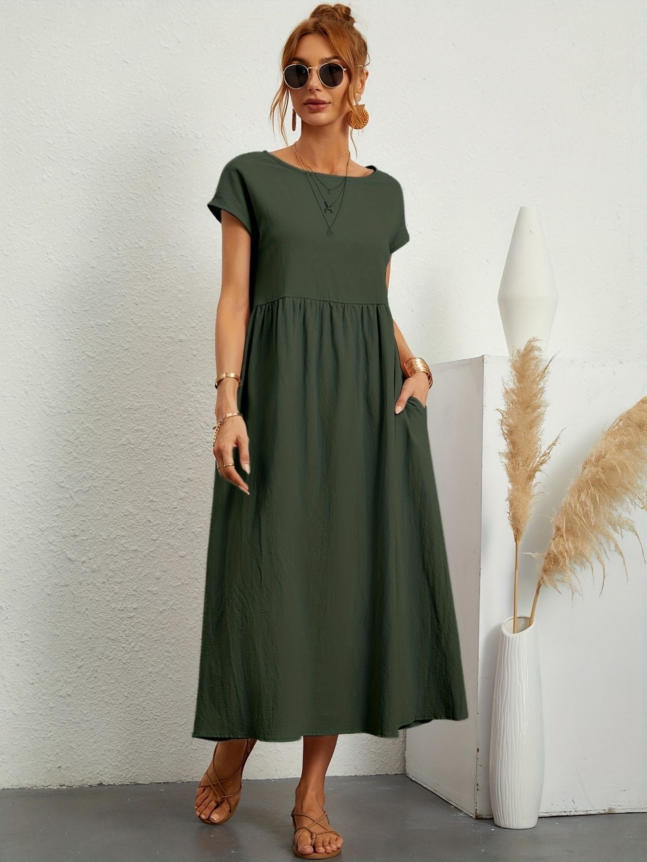 Fina Dam Klänningar Rund Halsringning Elegant 100% Mjuk Bomull 9