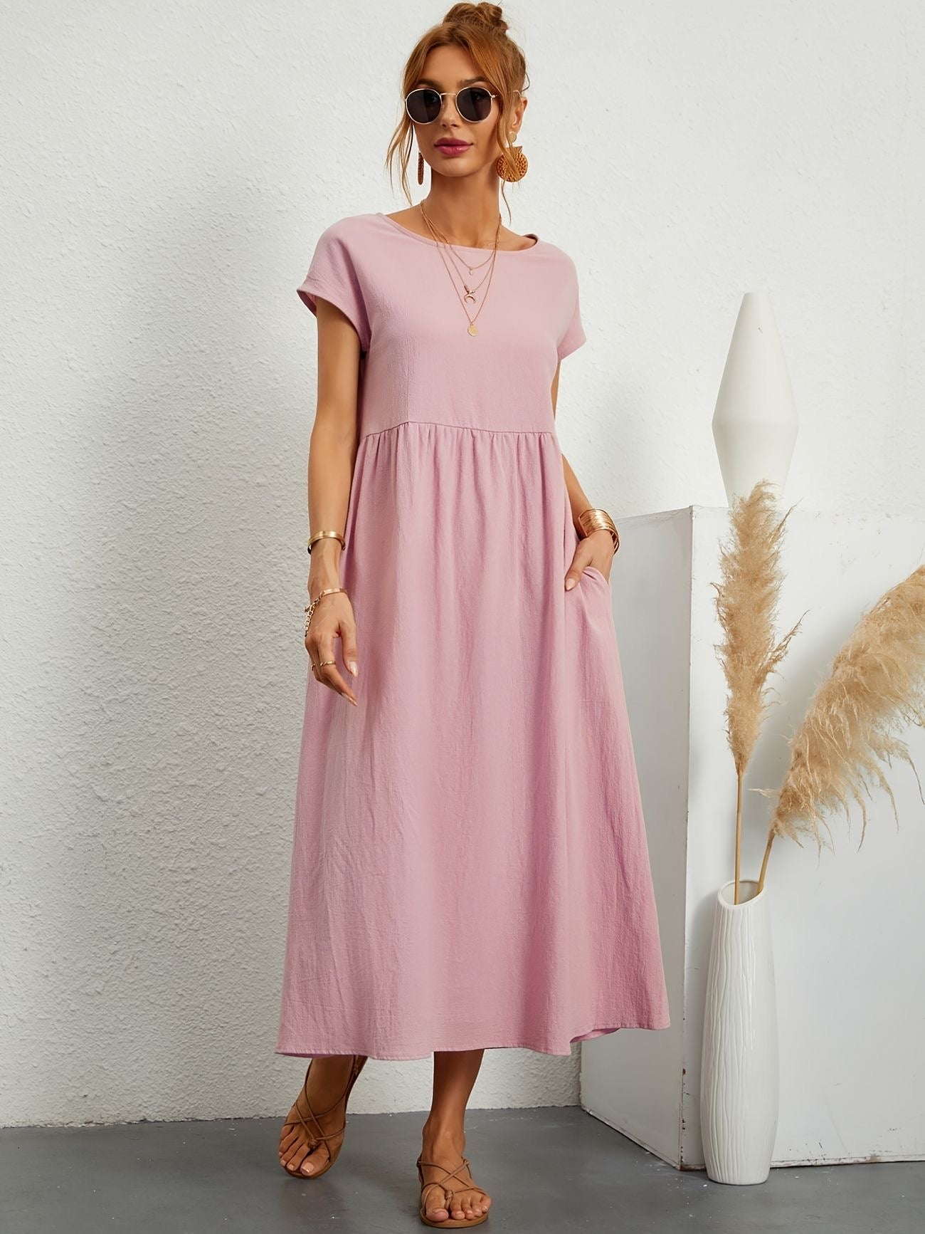 Fina Dam Klänningar Rund Halsringning Elegant 100% Mjuk Bomull 15