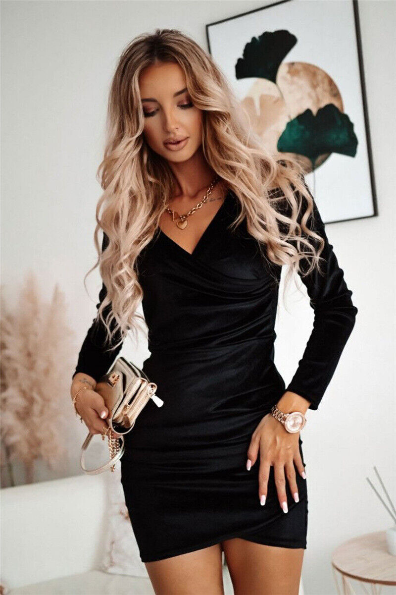 Dam Aftonklänning Lång Sammet med Långa Ärmar Elegant Figurformande-4